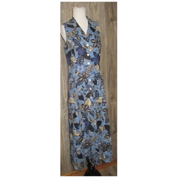 Coldwater Creek Blue Floral Button Up Cross Back Maxi Dress Size 12 Linen Rayon - Picture 2 of 12